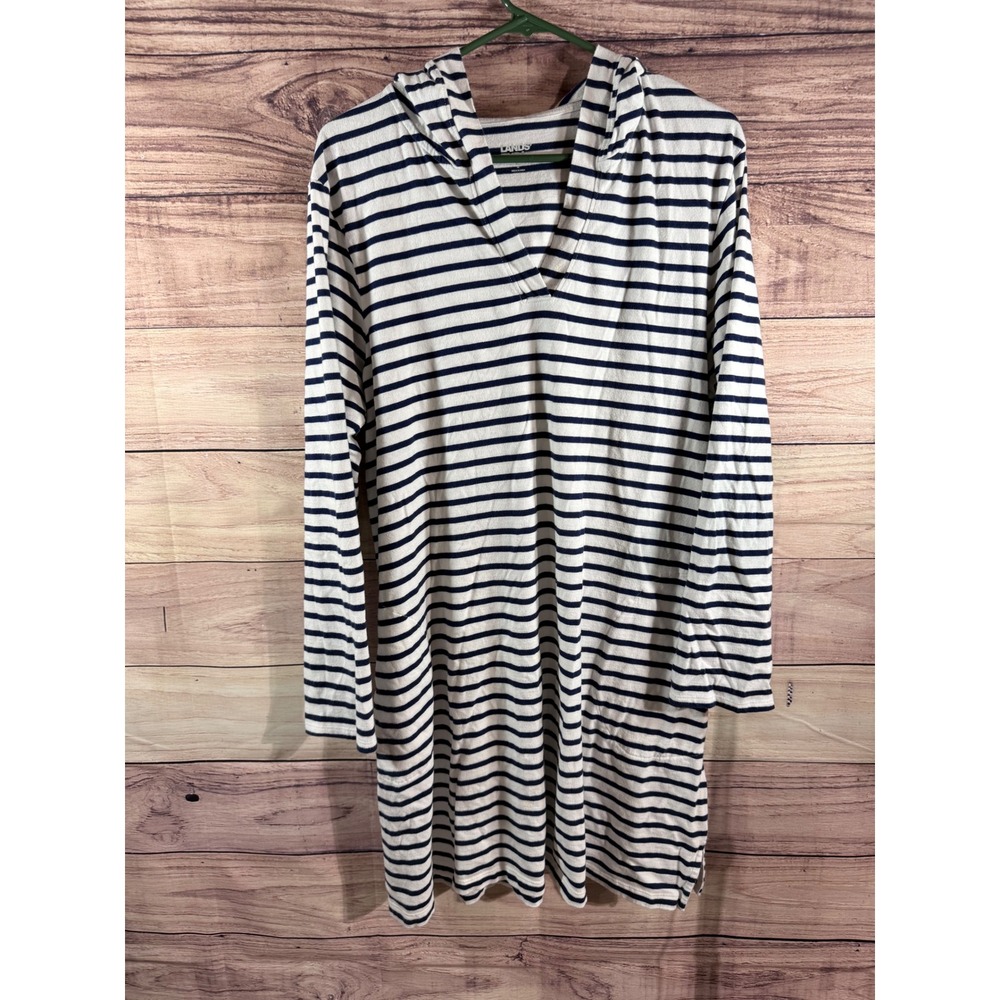 Lands End Womens XL 18 Navy White Striped Hooded Tunic Dress Beach Cover Up